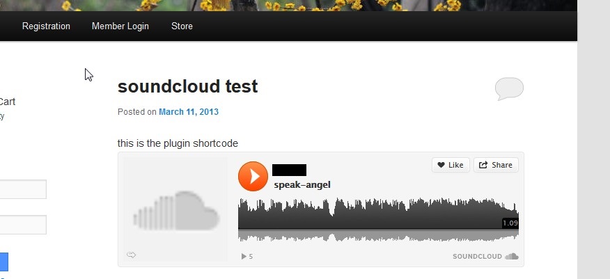 Screen shot showing the SoundCloud media player which is displayed when using the plugin's shortcode on the front end