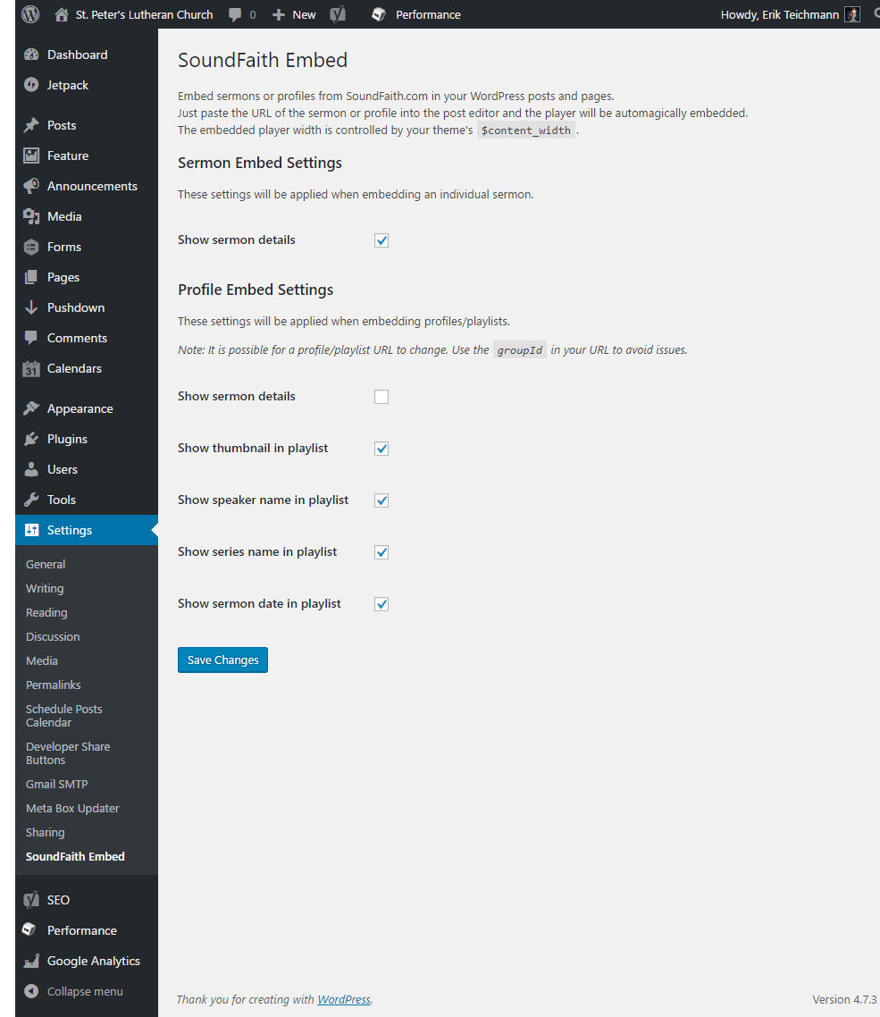 Sermon Embed settings page