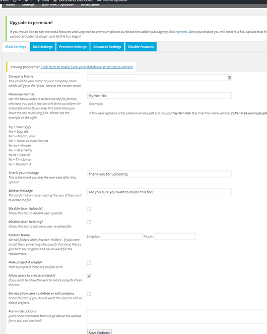 Settings page