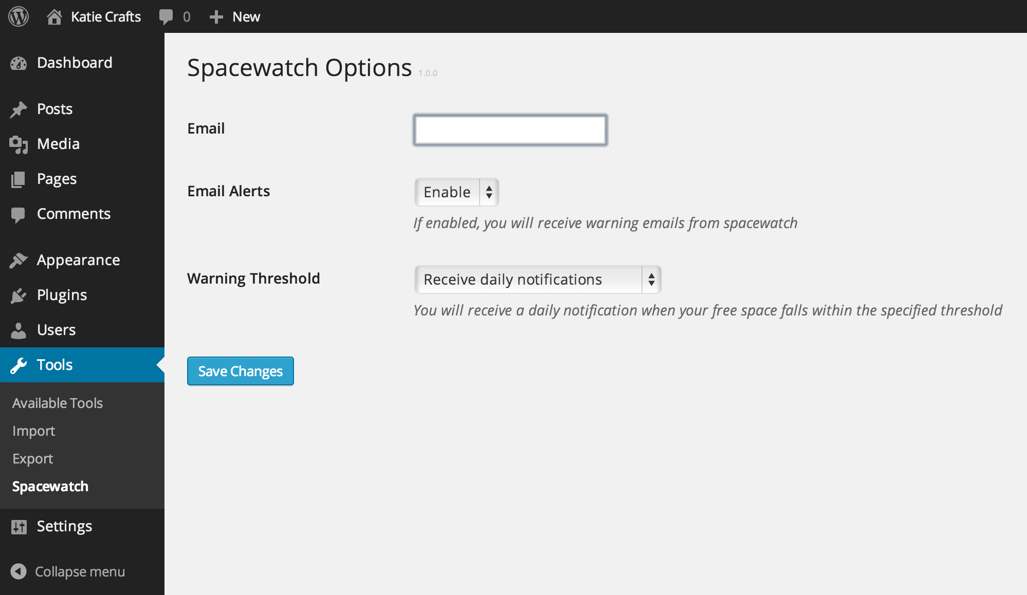Email notifications can be enabled or disabled from the Tools > Spacewatch options page.