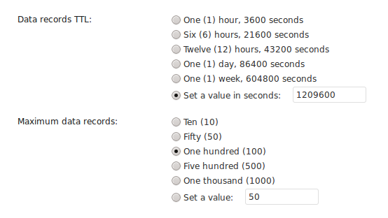 The Spam BLIP settings page TTL and maximum records options.