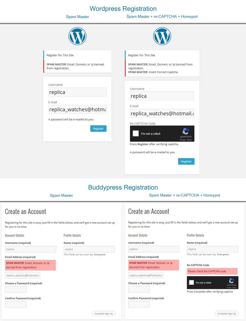 Wordpress Registration. Spam Master with re-CAPTCHA plus Honeypot traps