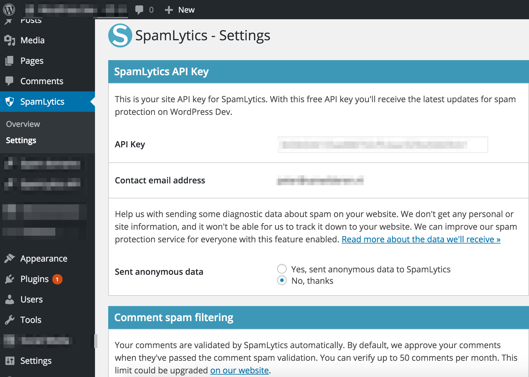Manage the comment spam filtering settings for this plugin.