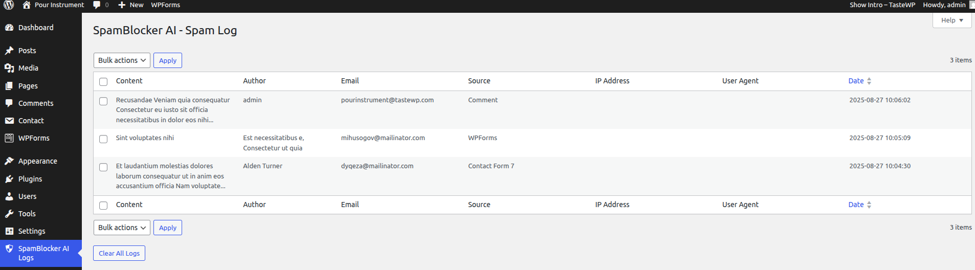 Spam Logs - View and manage all blocked spam attempts