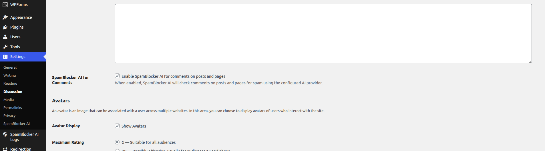 Discussion Settings - Enable/disable spam protection for comments