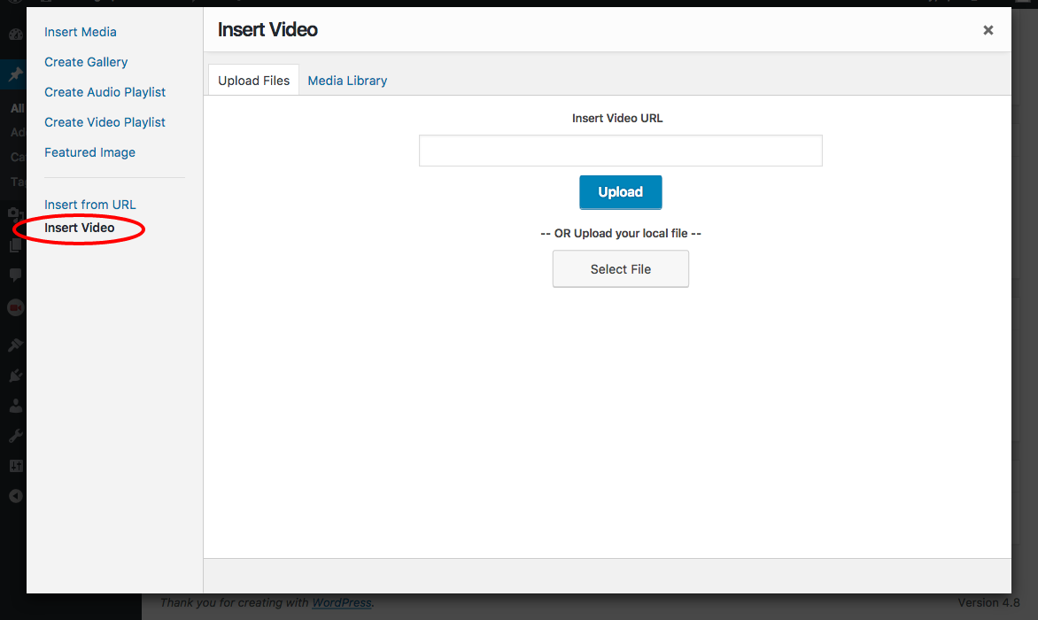Add Media overlay. Users with permissions to use the plugin can upload videos from here.