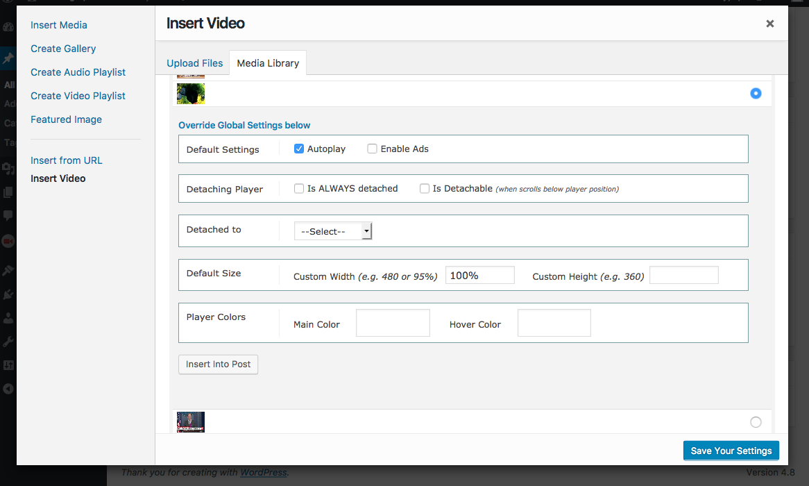 Edit preselected/default values for specific video, for easier embedding. Admins can edit any user’s preselected values. Users can only change their videos’ values.