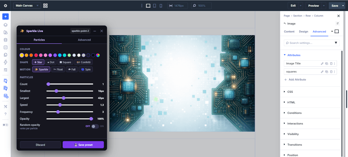 The floating Live Editor — fine-tune any preset in real time on your page