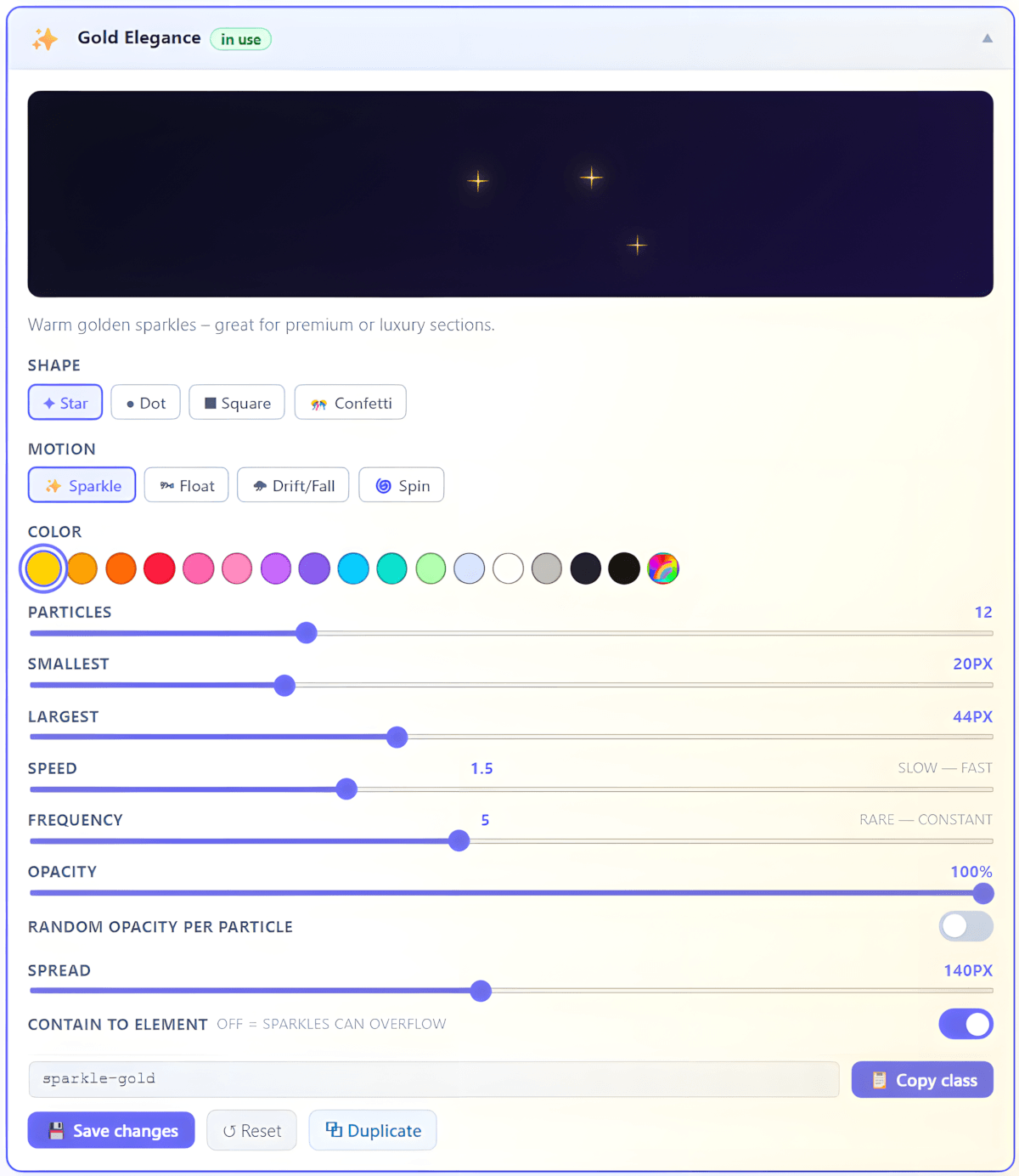 Preset card expanded — shape, motion, color, size, speed and more