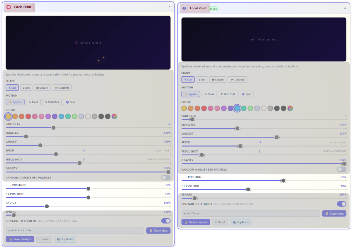 Mode-specific controls for line, focal point and circle orbit presets