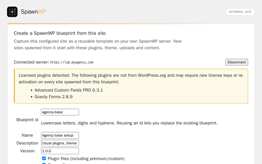 Review connected SpawnWP servers and licensed or custom plugin warnings.