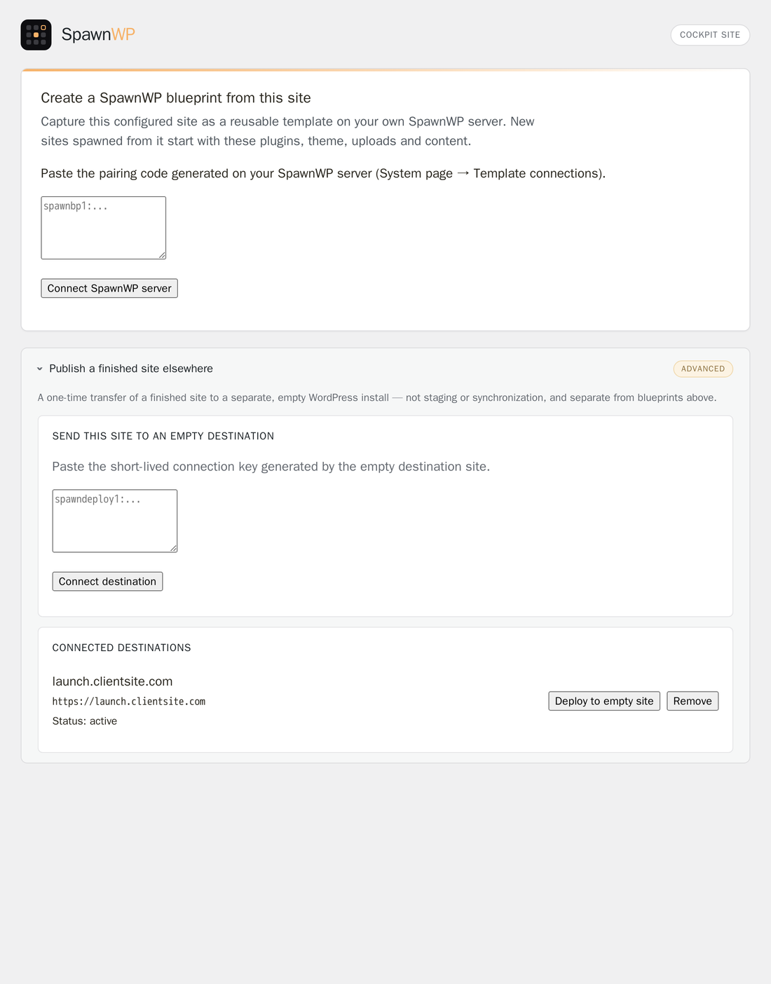 Publish a finished site to a paired empty WordPress destination.