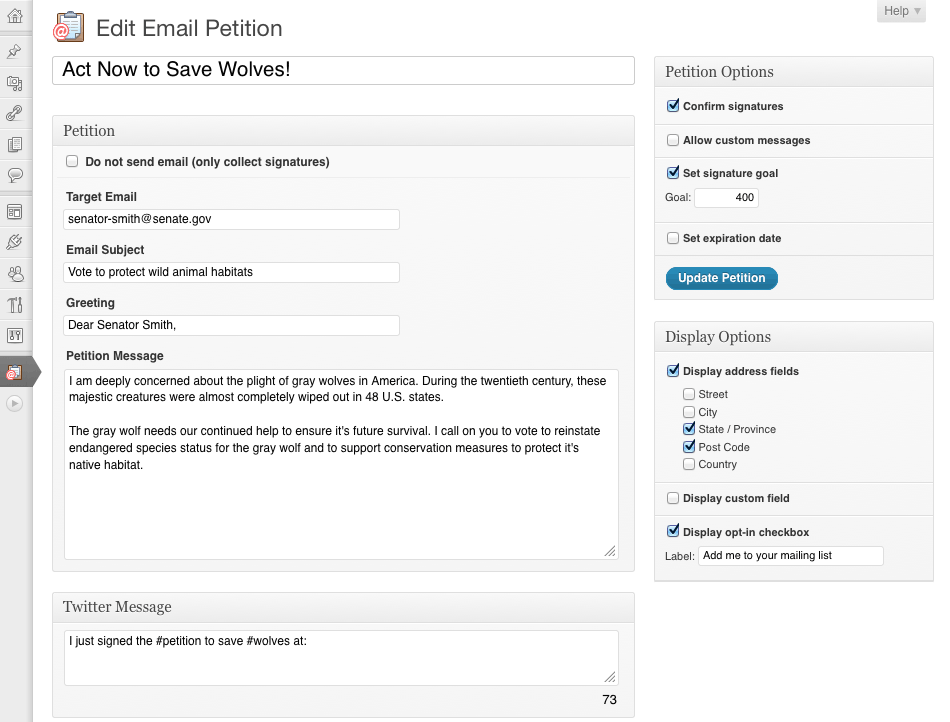 Form for creating and editing email petitions