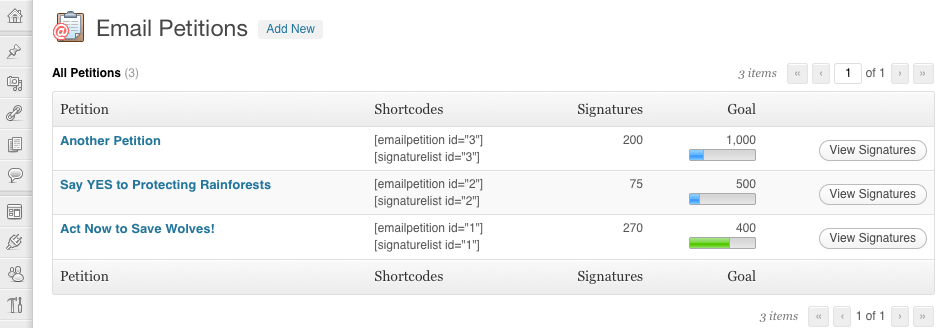 Table view of existing petitions