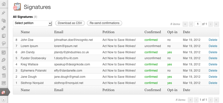 Table view of collected signatures