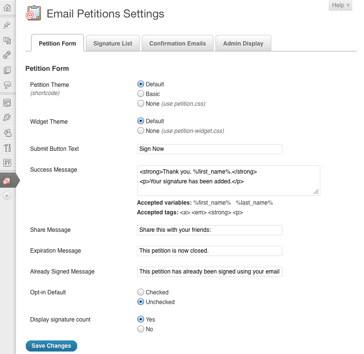 Plugin settings screen