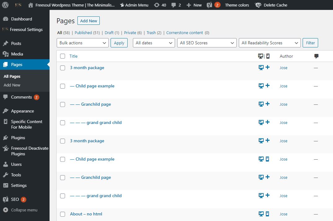 Pages and posts list screen