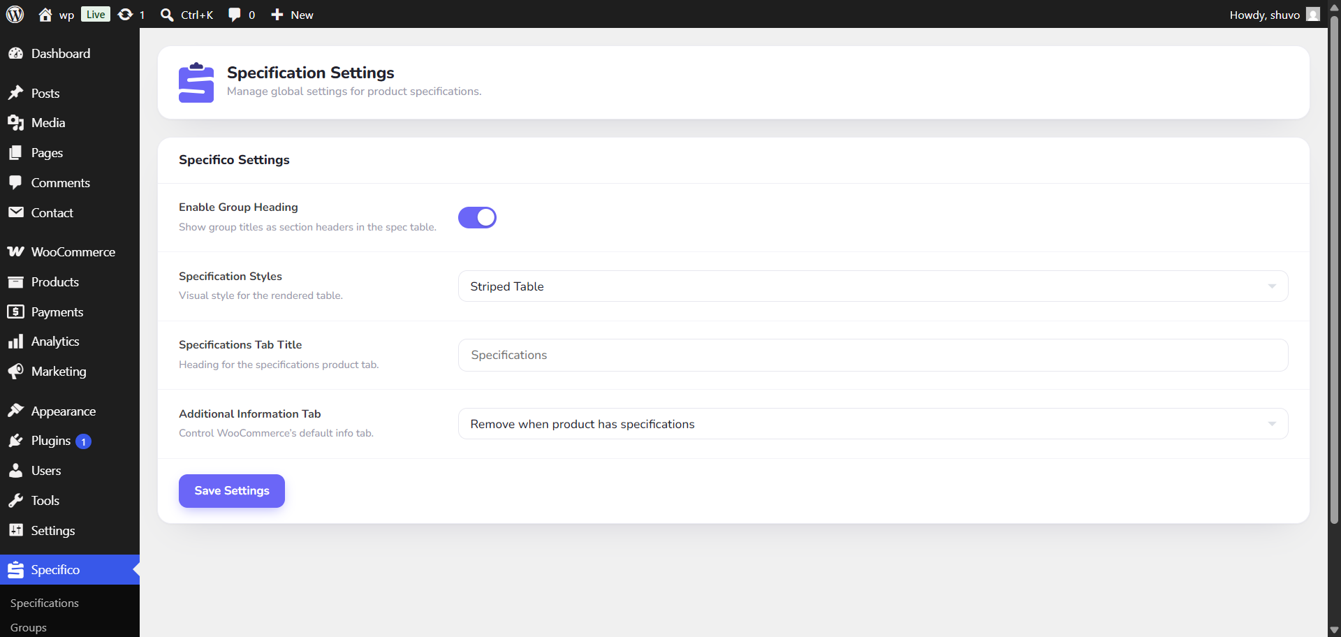 Product editor - Specification Settings metabox showing the inherit mode with per-product value overrides.
