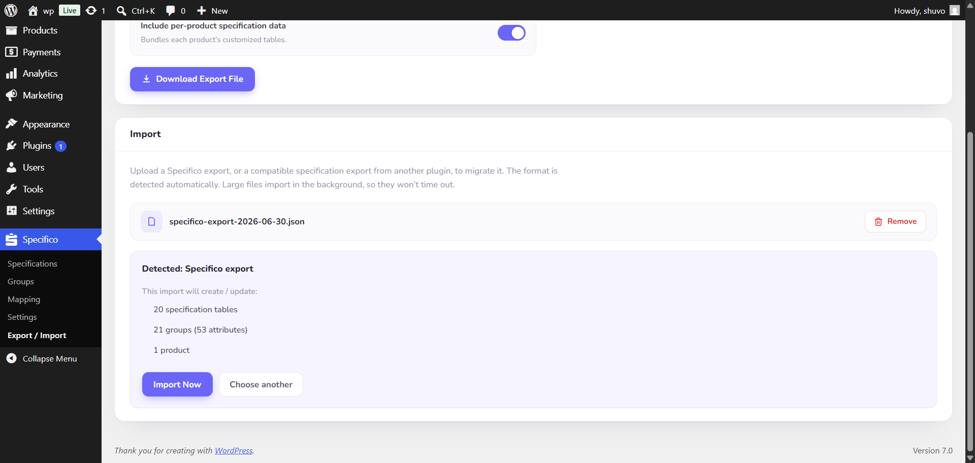 Front-end specification table - the rendered Specifications tab on a WooCommerce product page.