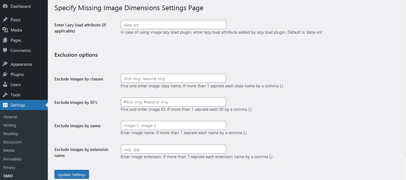 "Specify Missing Image Dimensions"  Settings Page