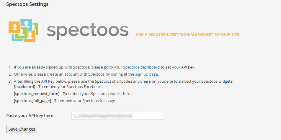 The Spectoos Testimonials plugin settings page