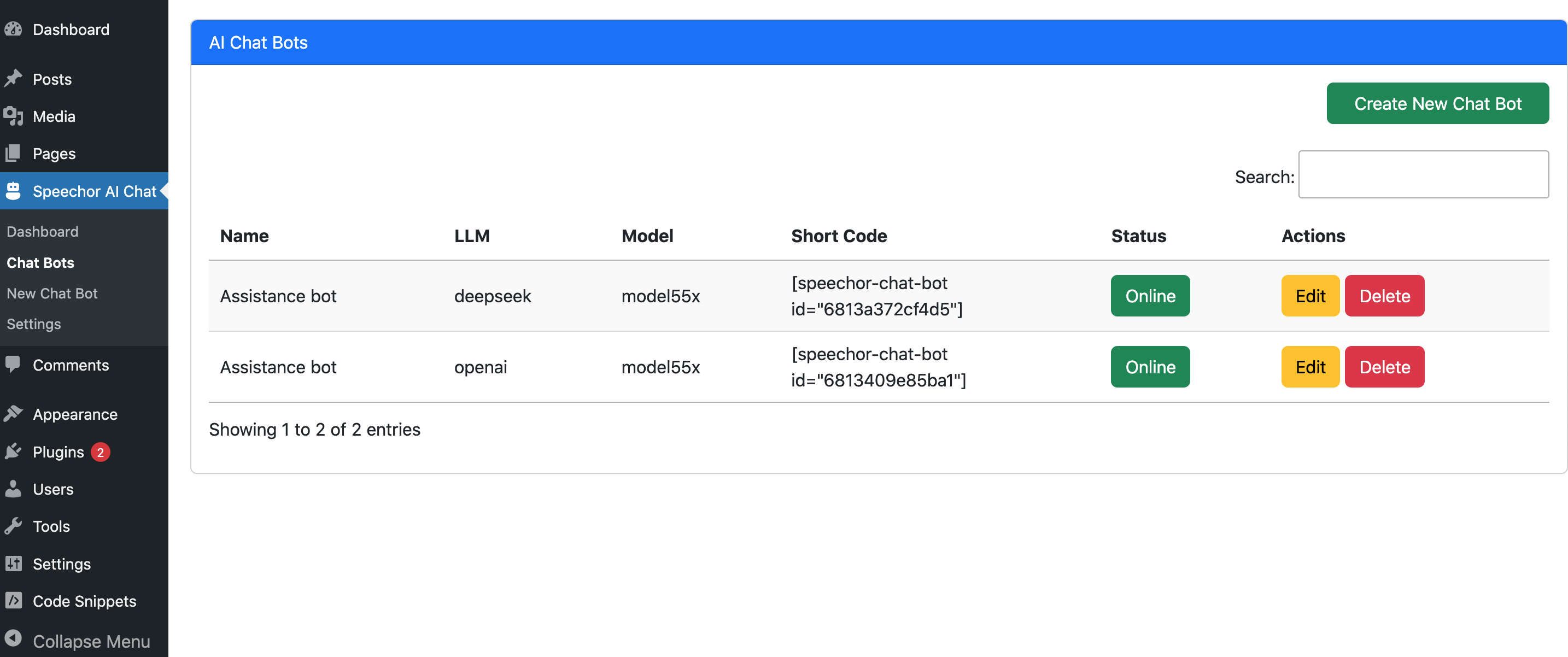 Speechor AI Chat Agent management table