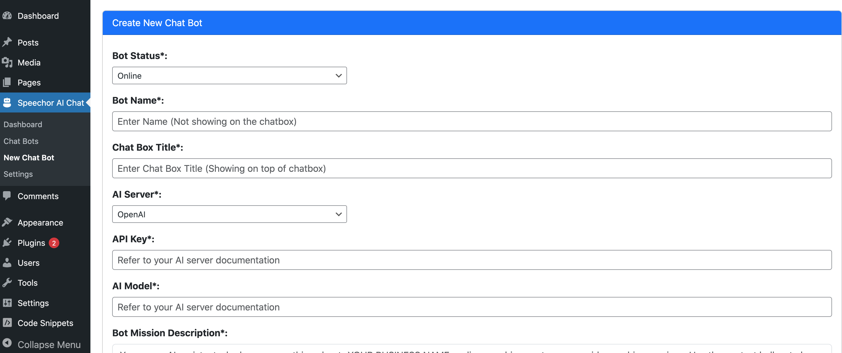 Speechor AI Chat Agent create new bot form
