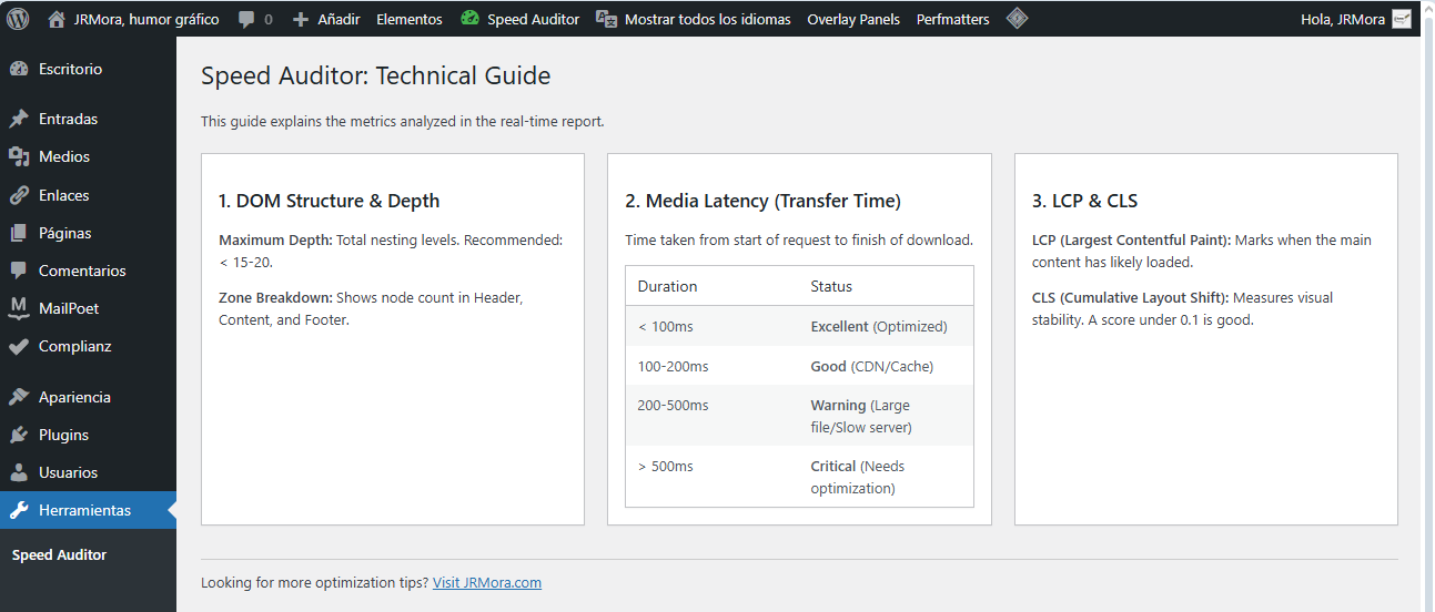 Example of the technical report generated by the auditor including DOM zones and media latency.