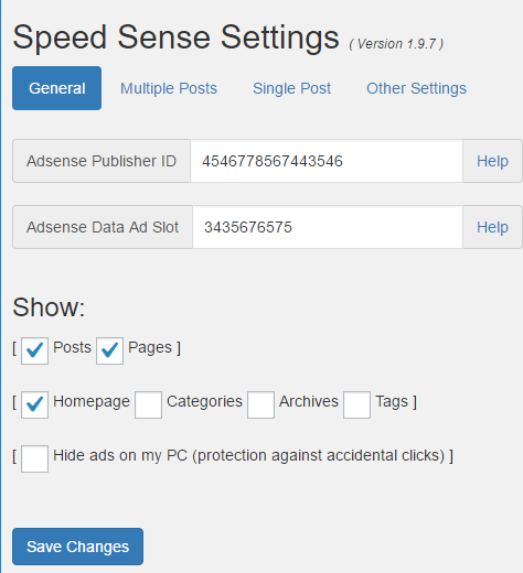 The General Settings page from Speed Sense plugin. You can choose where insert ads (into post, pages, home page, etc.)