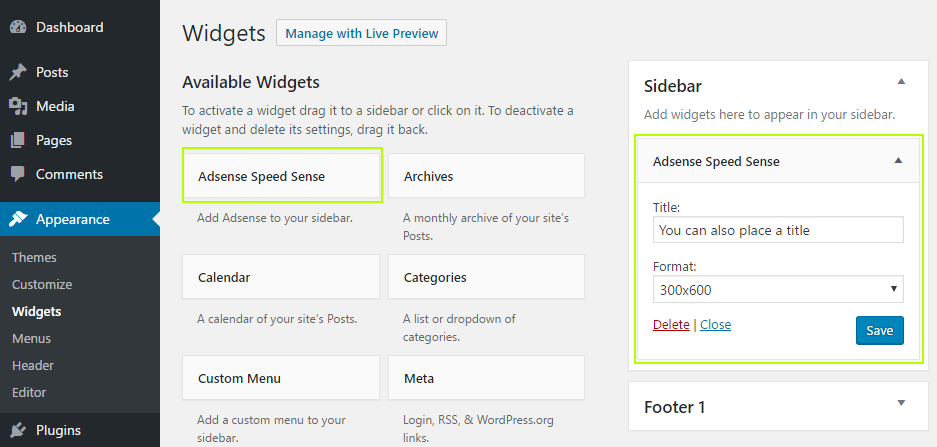 The Settings page for Widgets.