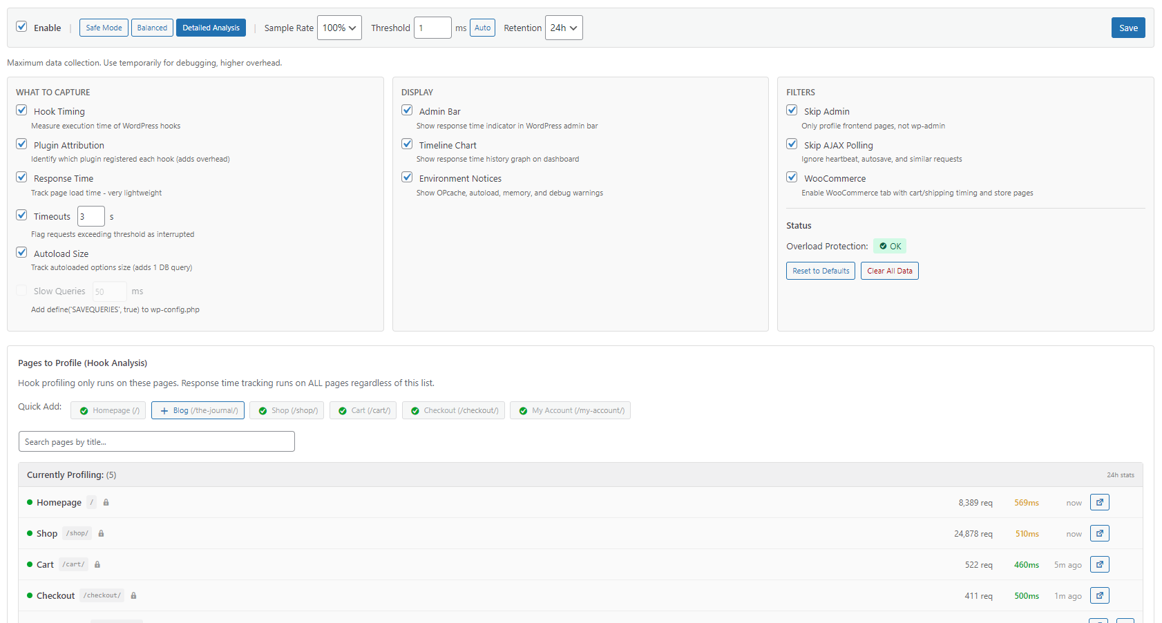 Settings page - Quick Presets, profiling controls, and auto-calibration