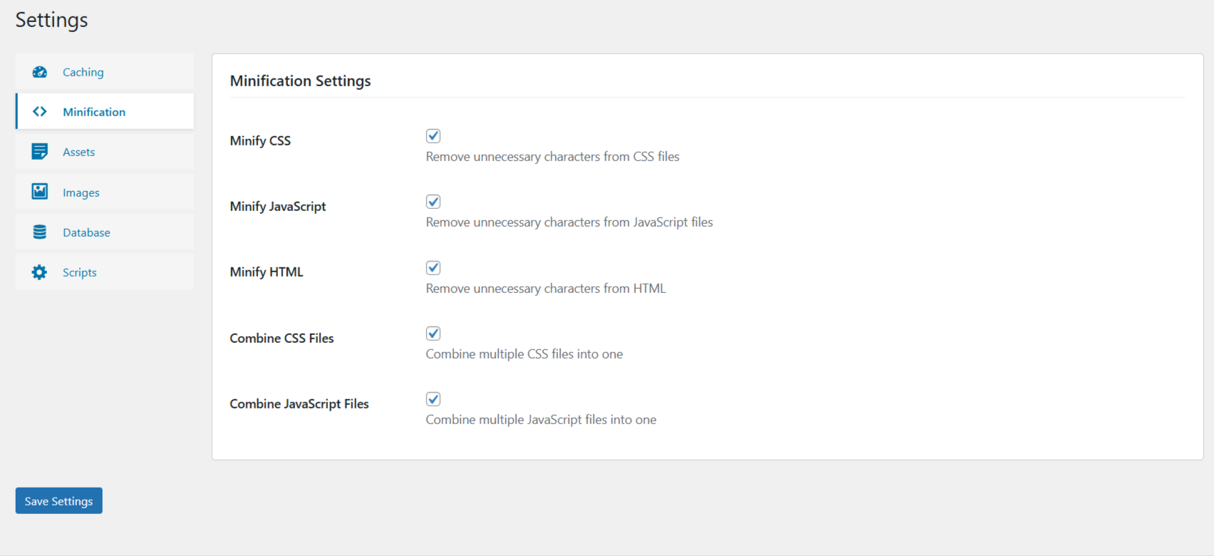 **Settings – Minification**: HTML, CSS, and JS optimization controls.