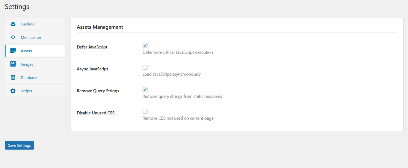 **Settings – Assets Management**: defer/async, query-string removal, and unused CSS.