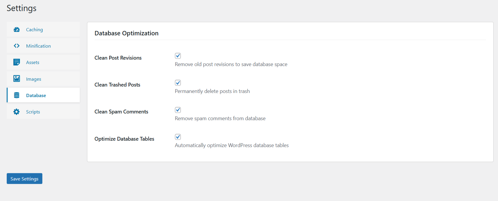 **Settings – Database Optimization**: cleanup toggles for revisions, trash, spam, and tables.