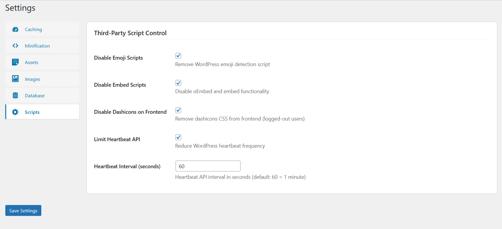 **Settings – Third‑Party Script Control**: emoji, embeds, Dashicons, and heartbeat options.