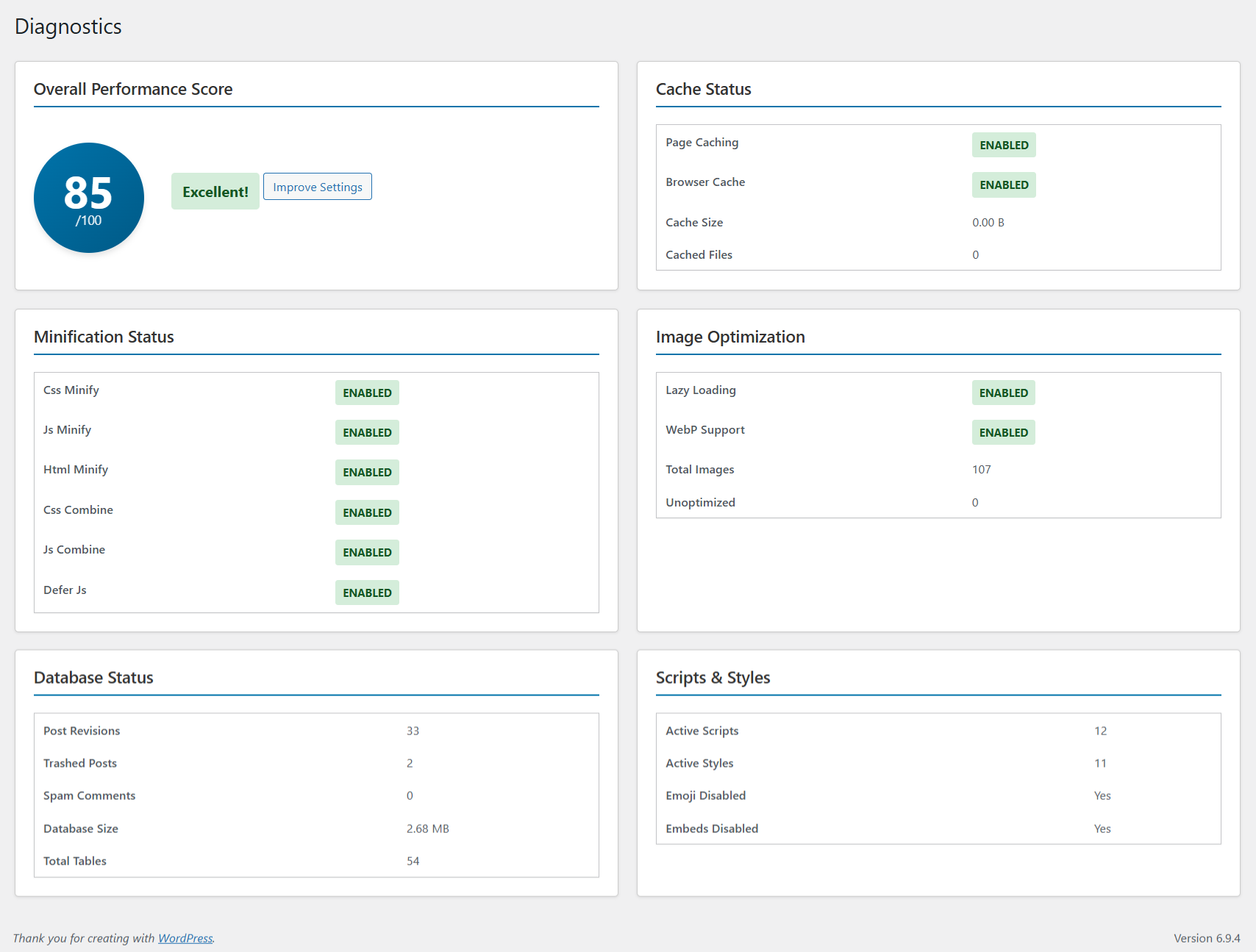 **Diagnostics Dashboard**: performance score and status panels.