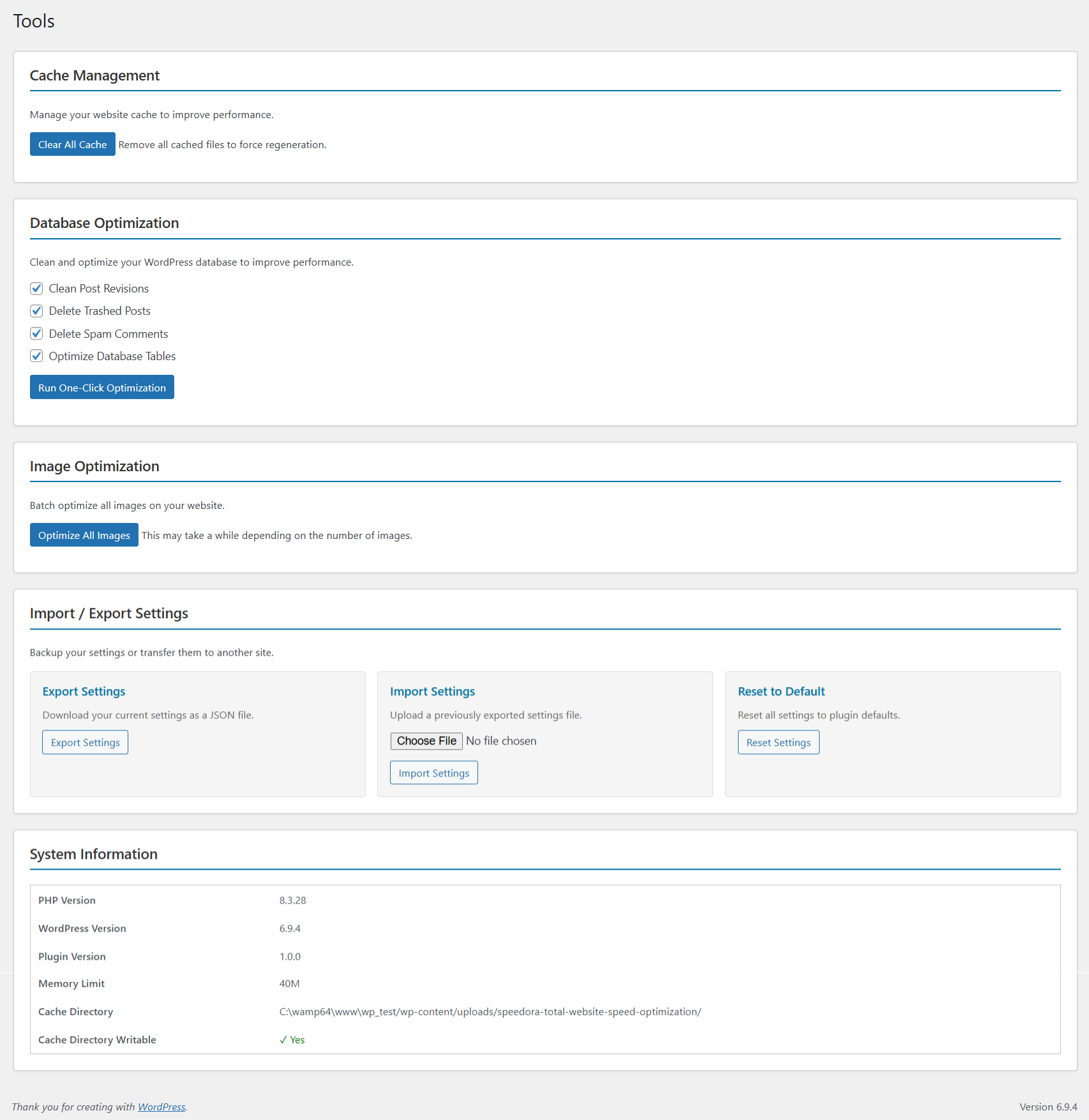 **Tools Page**: one‑click optimization, cache management, and import/export.