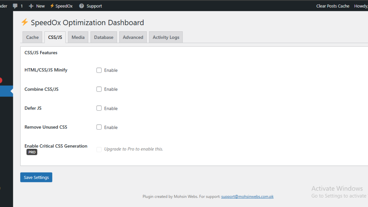 CSS/JS Optimization Tab inside Dashboard