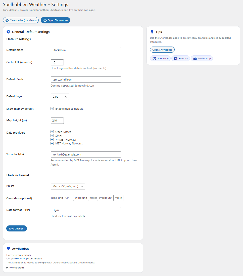 Settings page: defaults, providers, cache, units & format.