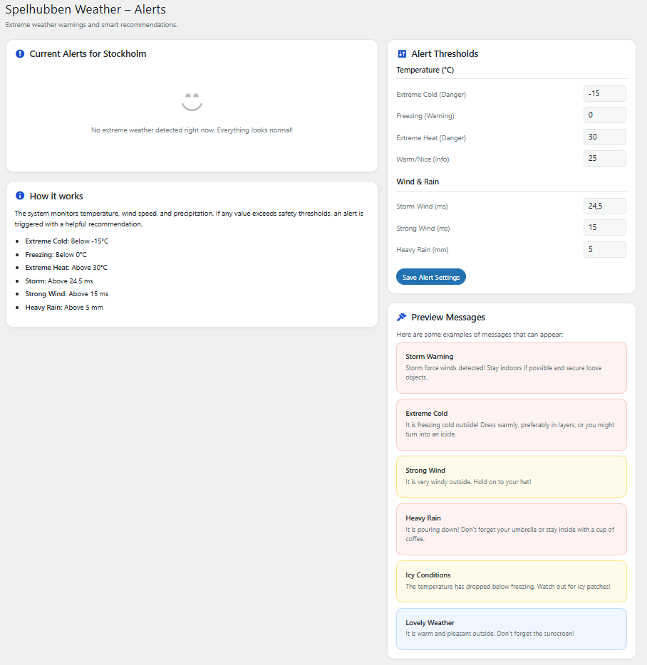 Alerts page: active warnings and smart recommendations for extreme conditions.
