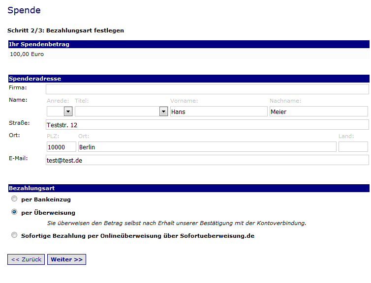 Zunächst wählt der Spender einen Betrag und eine Aktion (beides konfigurierbar)