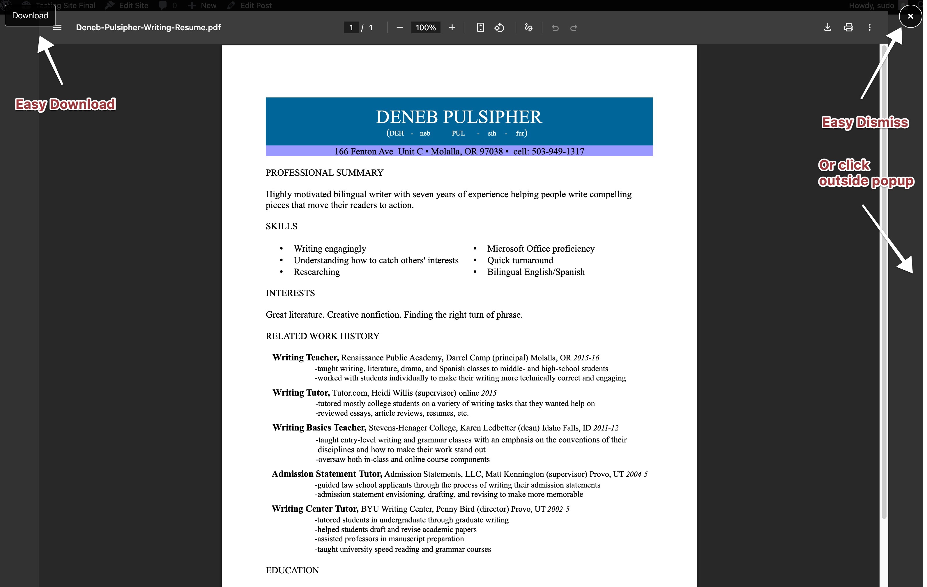 An example of the PDF Lightbox displaying a document within the embedded viewer, showing easy dismiss options: close button, or clicking off the lightbox.