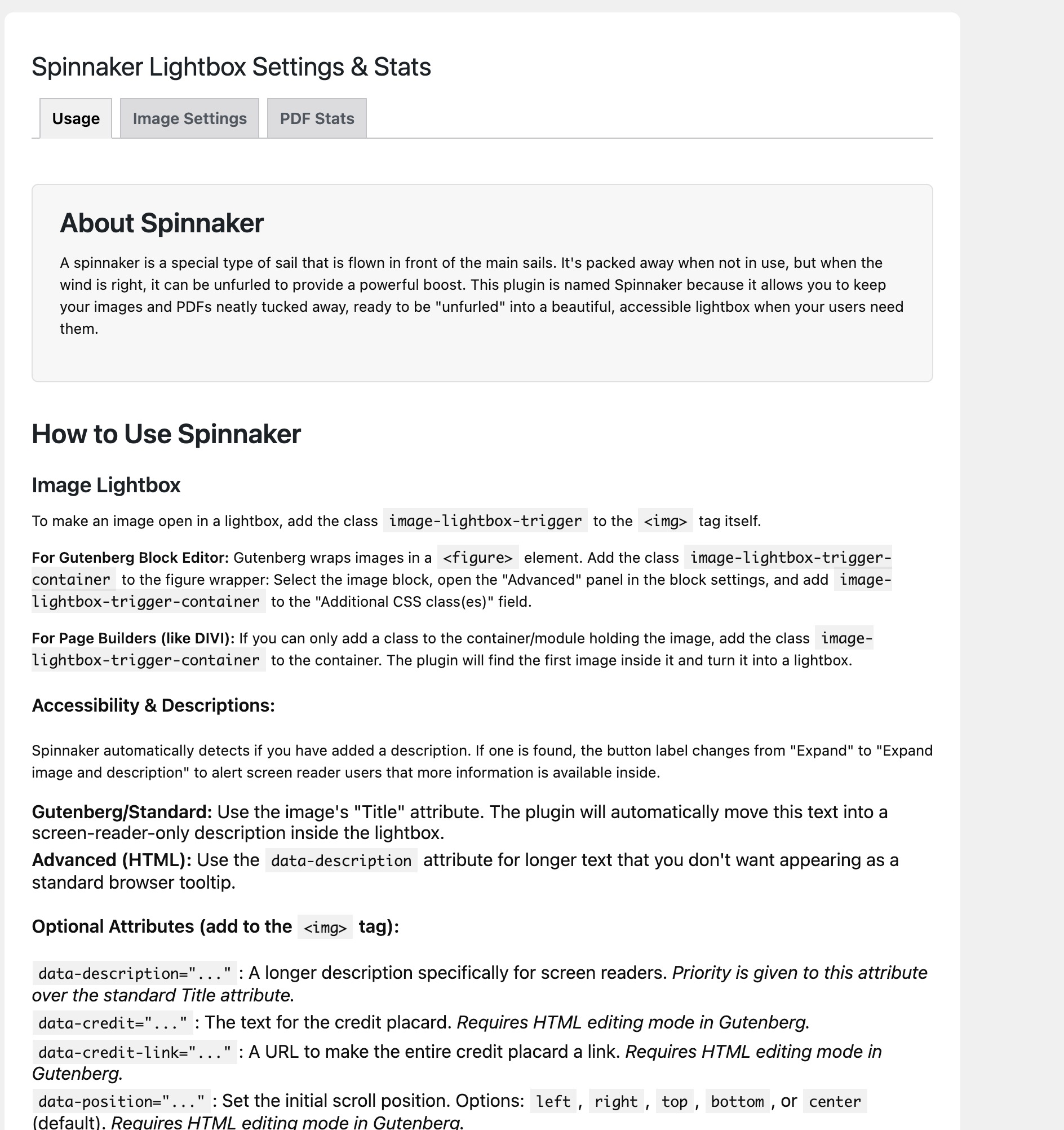 The Settings page where you can view view/download statistics and configure plugin options.