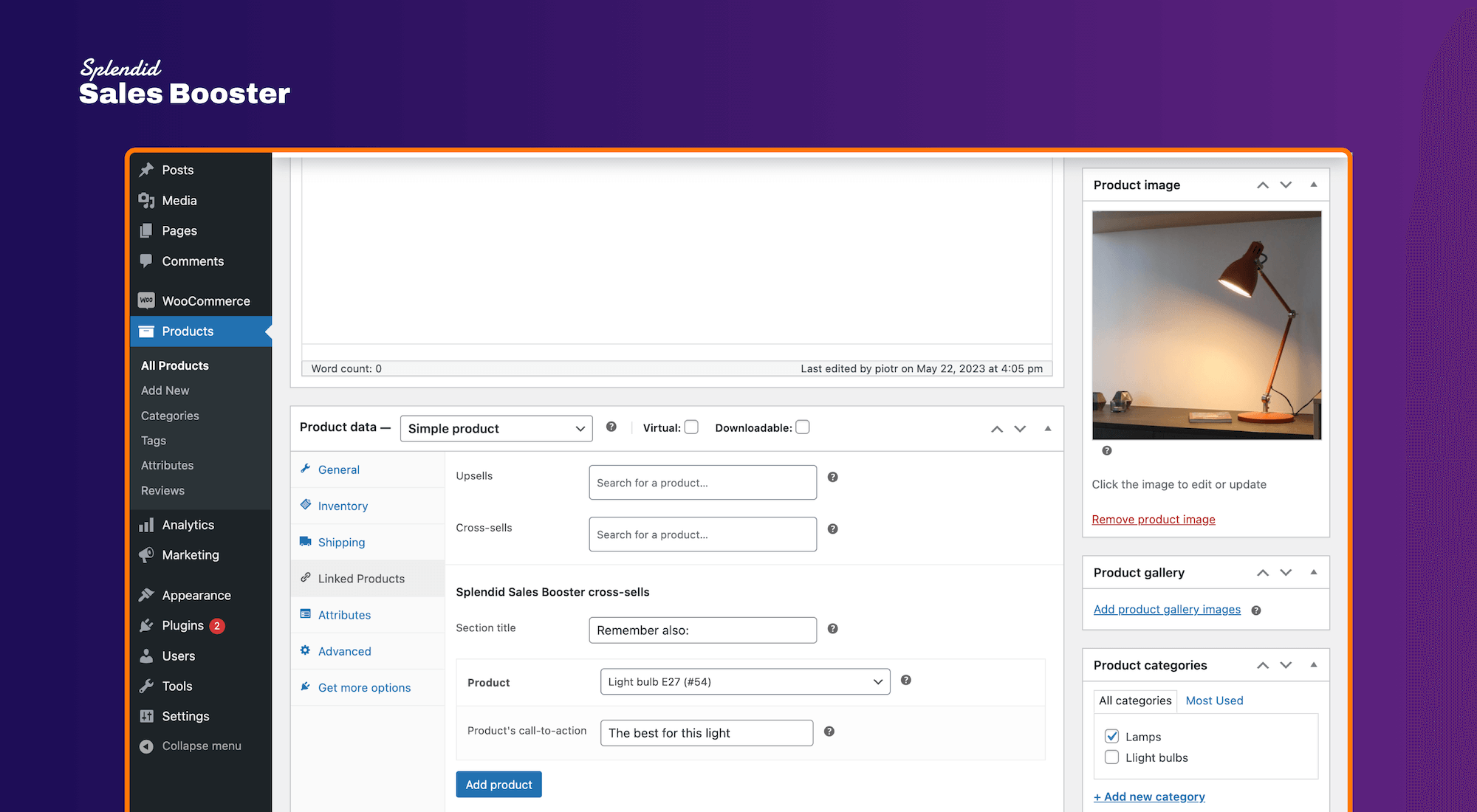 Splendid Sales Booster cross-sells module settings on the edit product admin page.
