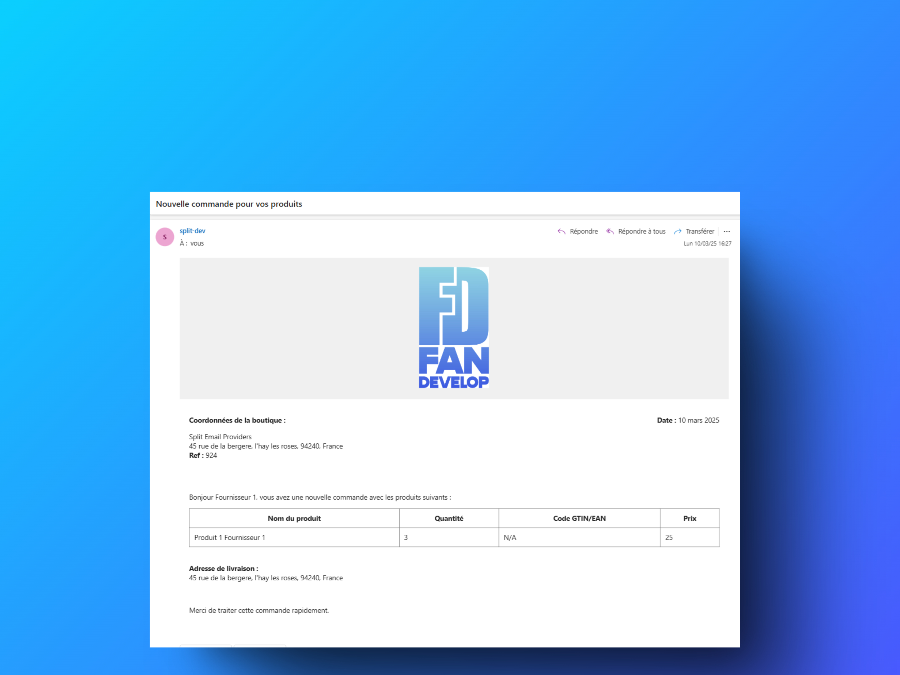 **Email to Provider** – 📨 Example of an automated email sent to a provider with the products included in a specific order.