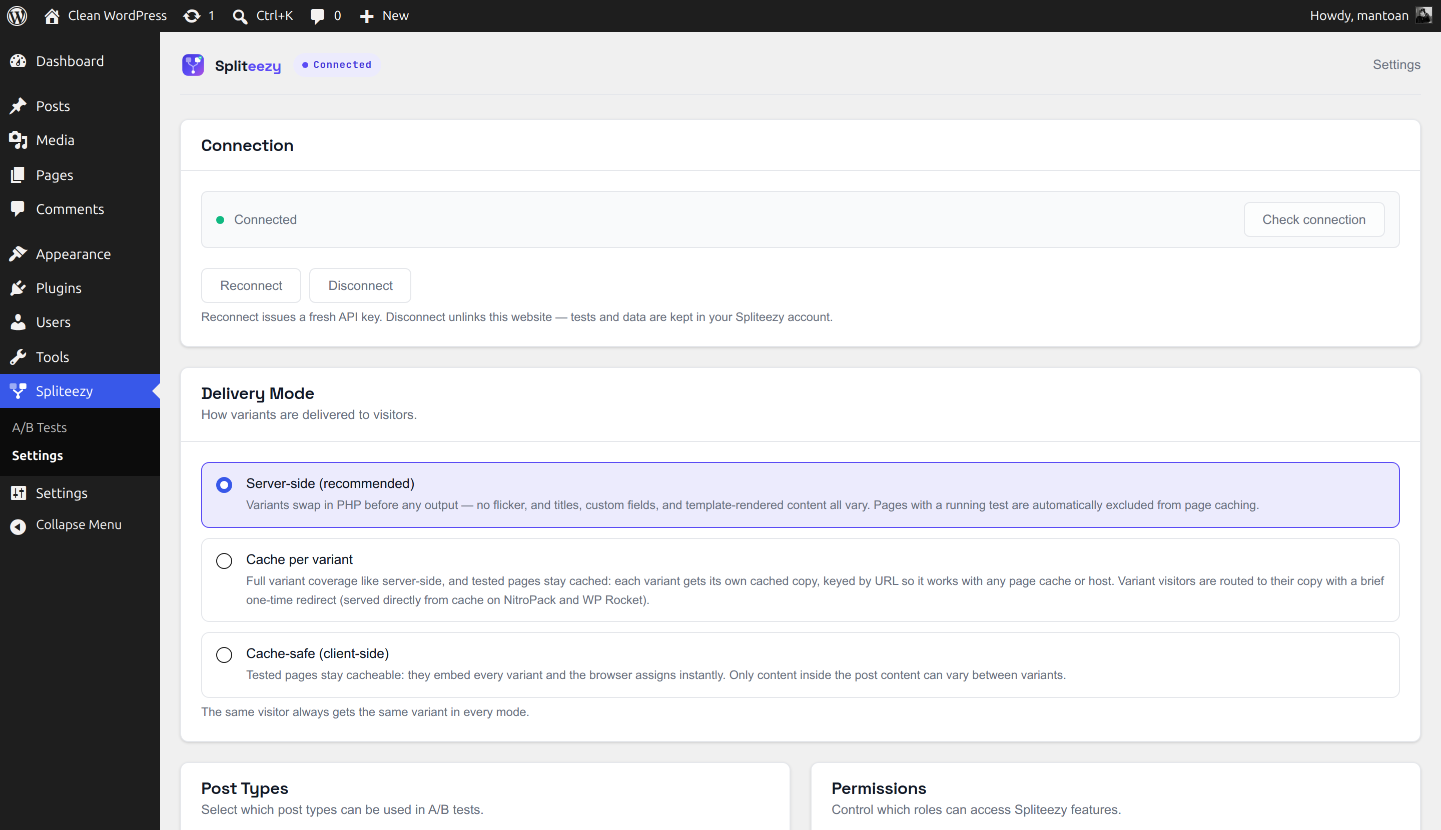 Settings — connection status and delivery mode (server-side, cache-per-variant, or cache-safe) so tests work with whatever caching setup the site already has.