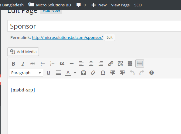 Shortcode used in the page editor.