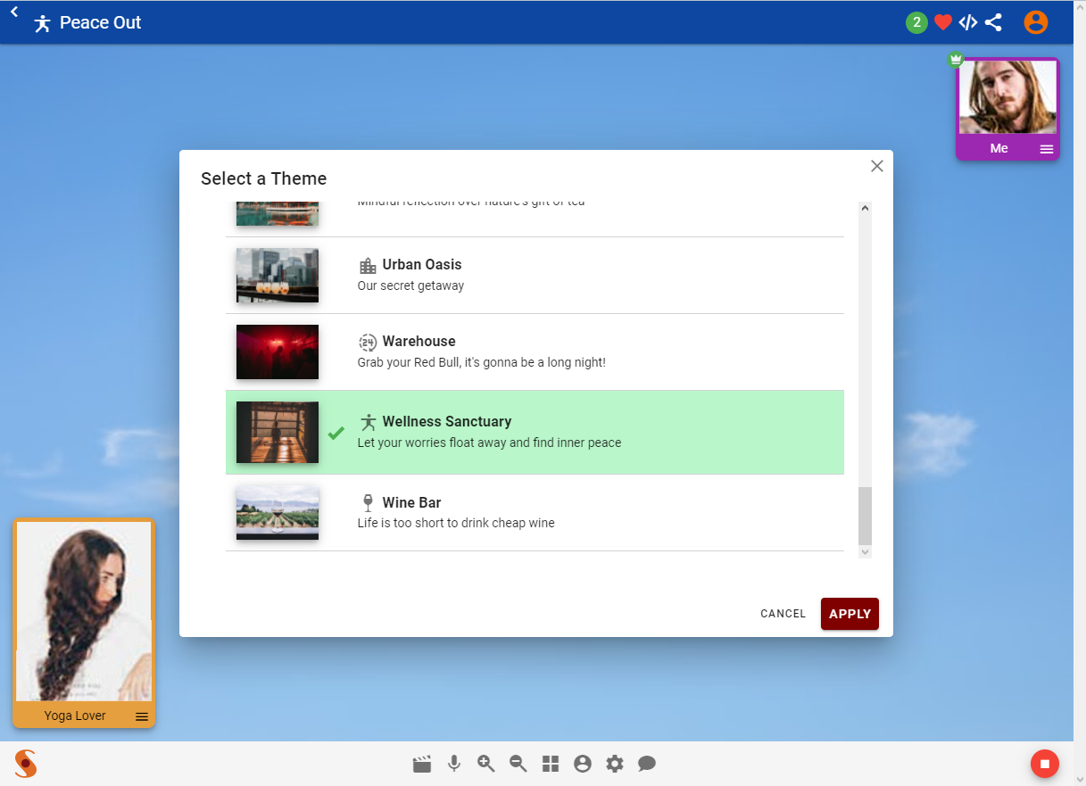 Set the vibe in your room with a pre-built theme, or create your own, for example with your company logo
