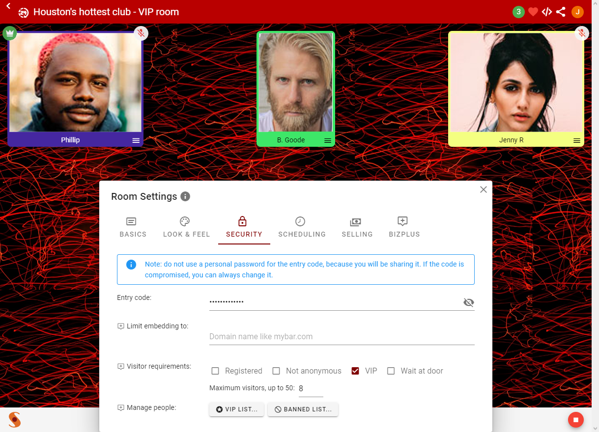 Limit who can participate with an entry code (free), or further requirements such as VIP (premium feature)