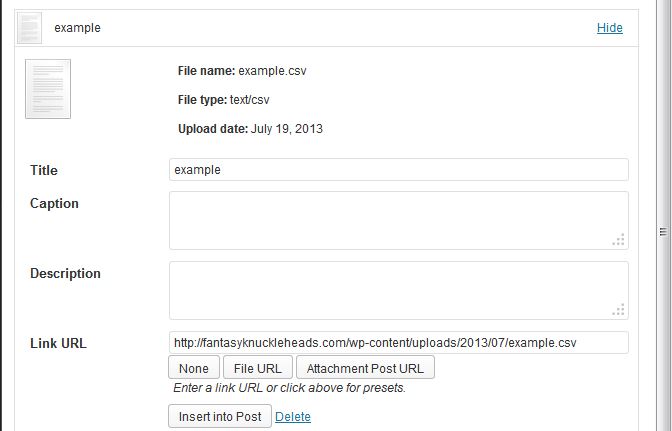 STEP 2: Upload and Insert list - make sure LINK URL is populated, if not then click "file URL" then click "Insert into Post"